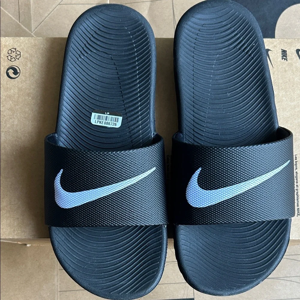 Nike Black Slide Sandals with Iridescent Swoosh